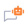 Chatbot icon: orange robot head and grey speech bubble.