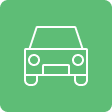White outline graphic of a car's front on a green background.