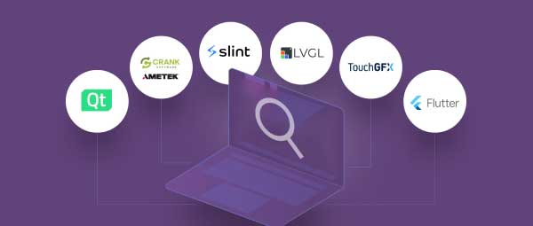 Graphic: Laptop with magnifying glass, surrounded by logos for Qt, Greengrass, Splint, LVGL, TouchGFX, Flutter.