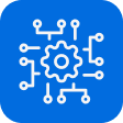 Graphic icon of a gear surrounded by circuit board connections.