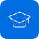 Graphic: White outline of a graduation cap on a blue background.