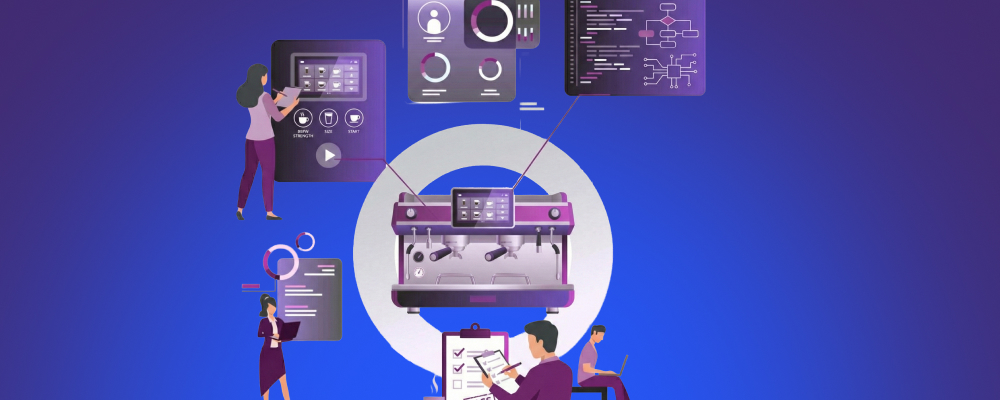 Graphic showing people interacting with data dashboards connected to a coffee machine.