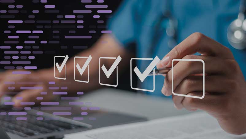 Healthcare professional's hand checking virtual checkboxes against a digital background.