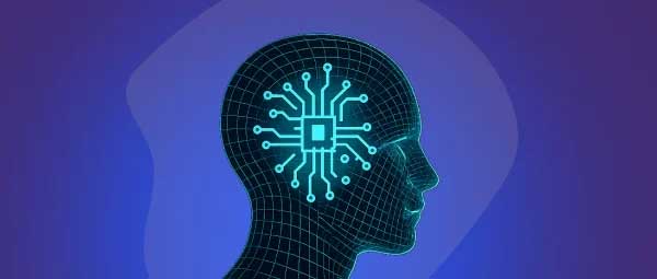 Wireframe human head with glowing circuit board inside.