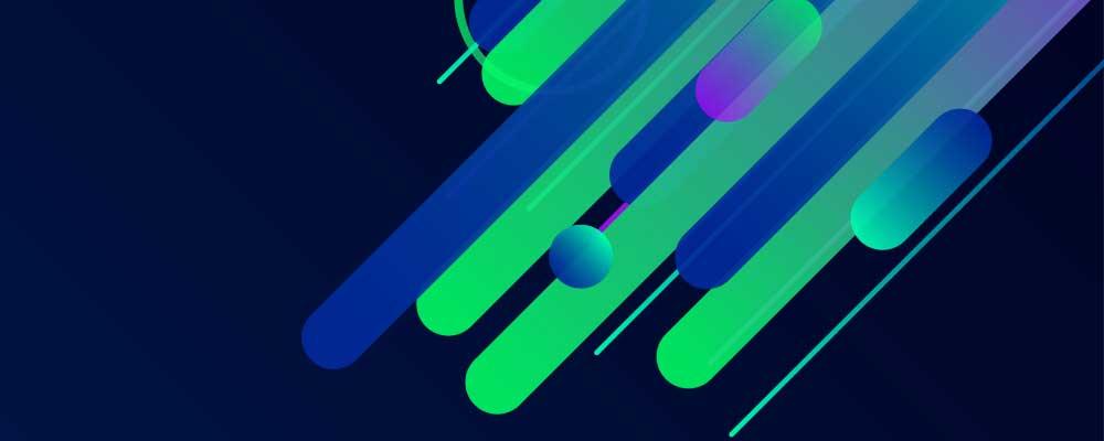 Abstract graphic with diagonal blue, green, and purple lines and spheres on dark background.