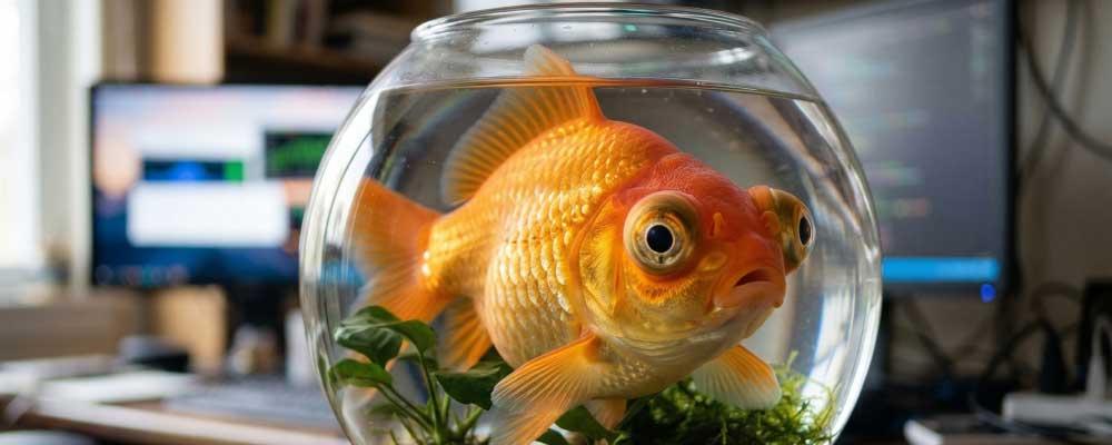 Goldfish in bowl on desk