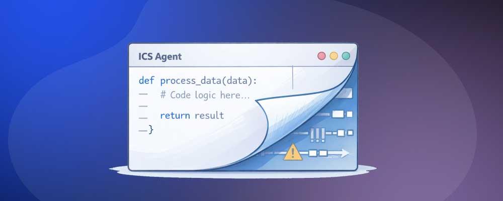 Code editor graphic with Python code on left, right side peeled back revealing data visuals and warning.