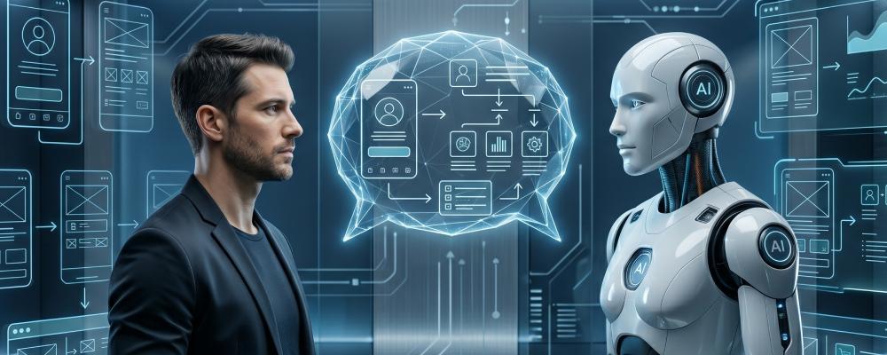 Graphic: Man and robot face a glowing AI thought bubble, on a blue digital interface.