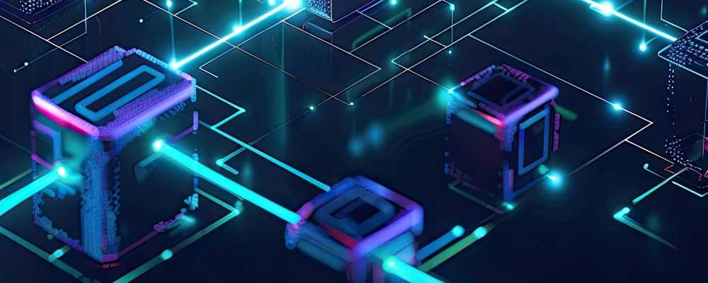 Graphic of glowing blue lines connecting futuristic, neon-lit cubes on a dark grid.
