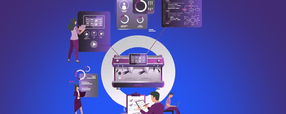 Graphic showing people interacting with data dashboards connected to a coffee machine.