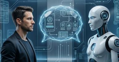 Graphic: Man and robot face a glowing AI thought bubble, on a blue digital interface.