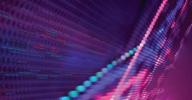 Abstract graphic with glowing blue and pink data streams on a purple background.