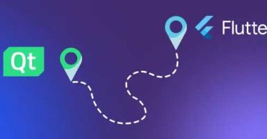 Graphic: Qt logo with green pin, connected by dashed line to Flutter logo with blue pin.