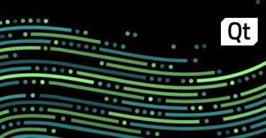 Qt logo over abstract green and teal flowing lines with dots on black background.