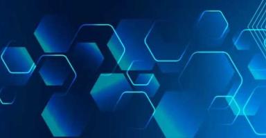 Abstract graphic with glowing blue hexagons.