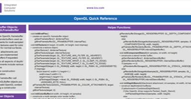 ICS OpenGL Quick Reference guide displaying features and basic functions.