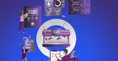 Graphic showing people interacting with data dashboards connected to a coffee machine.