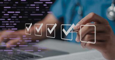 Healthcare professional's hand checking virtual checkboxes against a digital background.