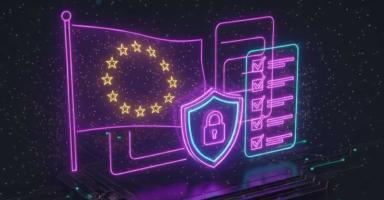 Digital graphic of glowing EU flag, shield with padlock, and compliance checklist.