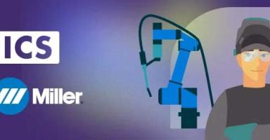 Graphic of "ICS" and "Miller" logos, robotic arm, and smiling welder in safety gear.