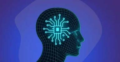 Wireframe human head with glowing circuit board inside.