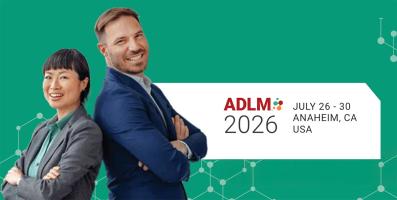 Photo of a smiling man and woman back-to-back; ADLM 2026 event details on green.