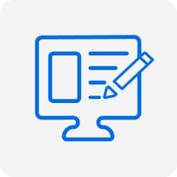 Graphic: Monitor with document and pencil, representing content editing.