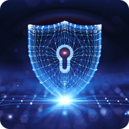 Digital shield with glowing blue keyhole over a network background.