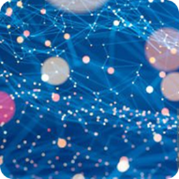 Graphic: Blue abstract network of connected glowing points and blurred circles.