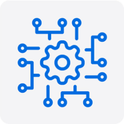 Graphic: Blue gear icon at the center of a network of connected nodes.