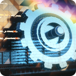 Graphic: Glowing blue wireframe gear on a dark background with abstract code.