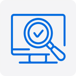 Blue graphic: Monitor with magnifying glass and checkmark.