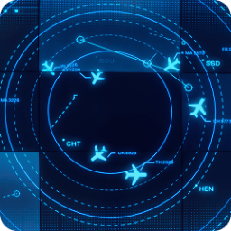Graphic of a blue radar screen with glowing airplane icons and flight paths.