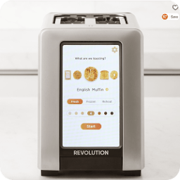Revolution smart toaster with a touchscreen showing "English Muffin" selected.