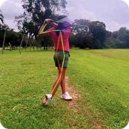 Woman on a golf course mid-swing, with colorful pose estimation lines on her body.