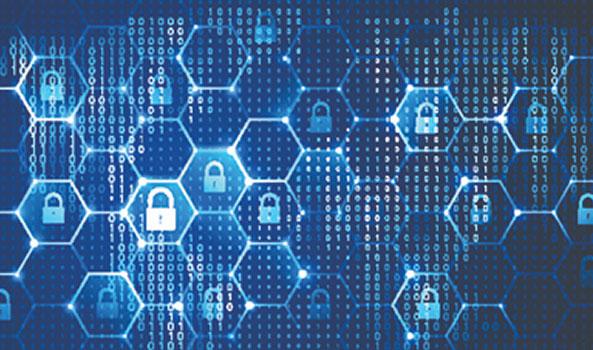 Graphic of blue hexagonal network with glowing padlocks and binary code.