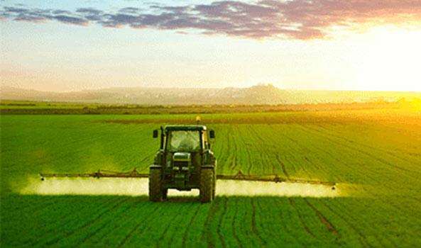 Green tractor spraying a wide field under a bright, golden sunset.