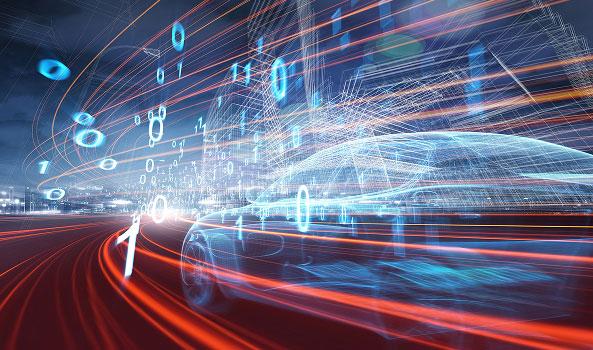 Graphic: Blue wireframe car with binary code and red light trails on a dark road.