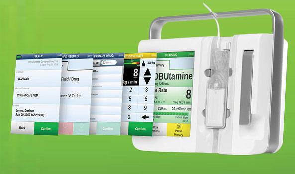 Graphic of a white medical infusion pump with cascading digital interface screens.