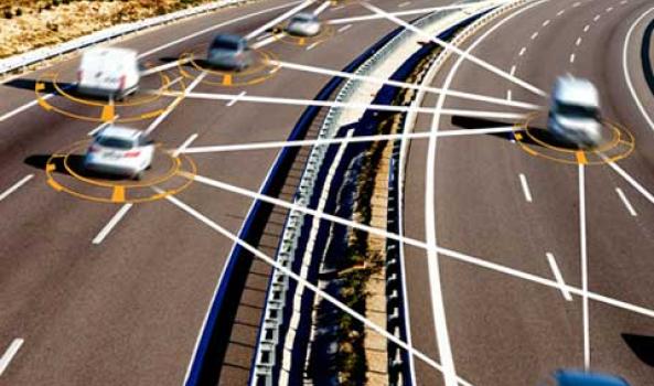Highway with cars and graphic overlay of connected communication lines.