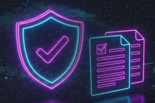 Abstract illustration in purple and blue with lock denoting cybersecurity