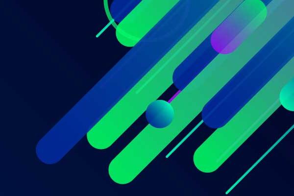 Abstract graphic with diagonal blue, green, and purple lines and spheres on dark background.