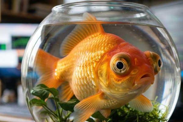 Goldfish in bowl on desk