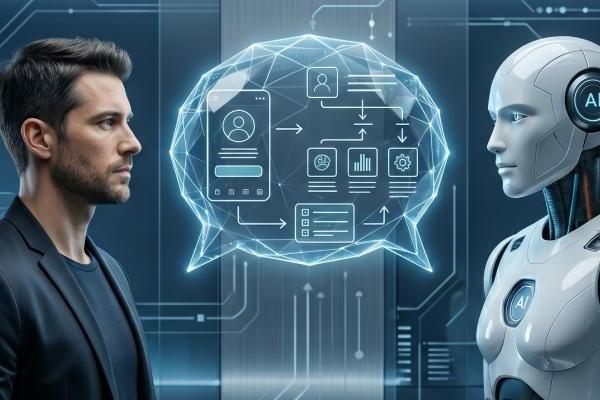 Graphic: Man and robot face a glowing AI thought bubble, on a blue digital interface.