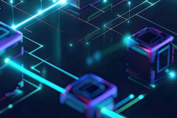 Graphic of glowing blue lines connecting futuristic, neon-lit cubes on a dark grid.