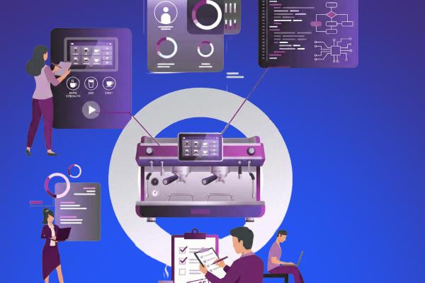 Graphic showing people interacting with data dashboards connected to a coffee machine.
