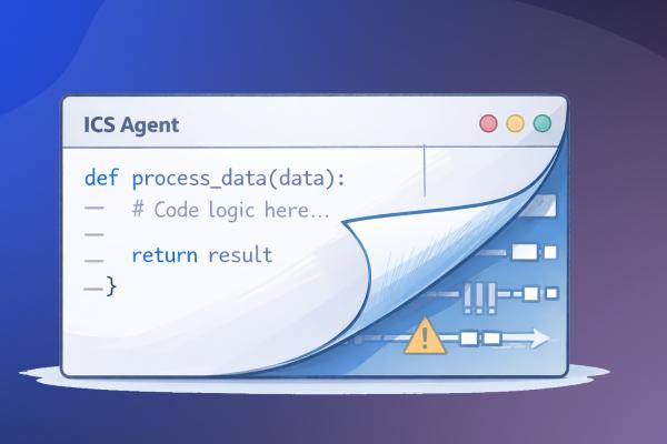 Code editor window with Python code peeling back to reveal a warning triangle.
